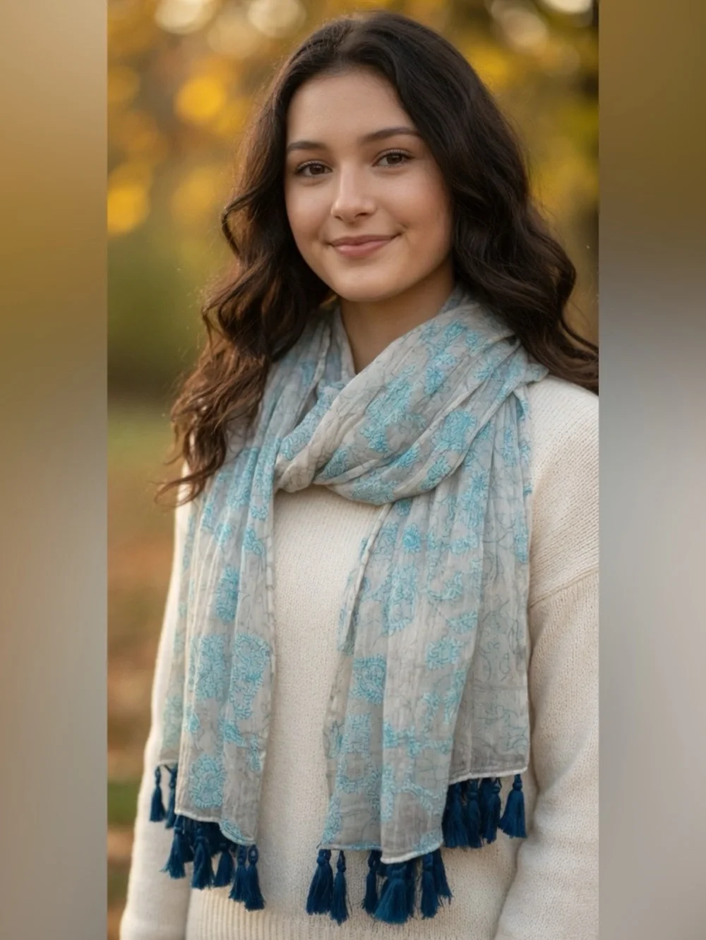 American Eagle Teal Floral Embroidered Tassel Scarf